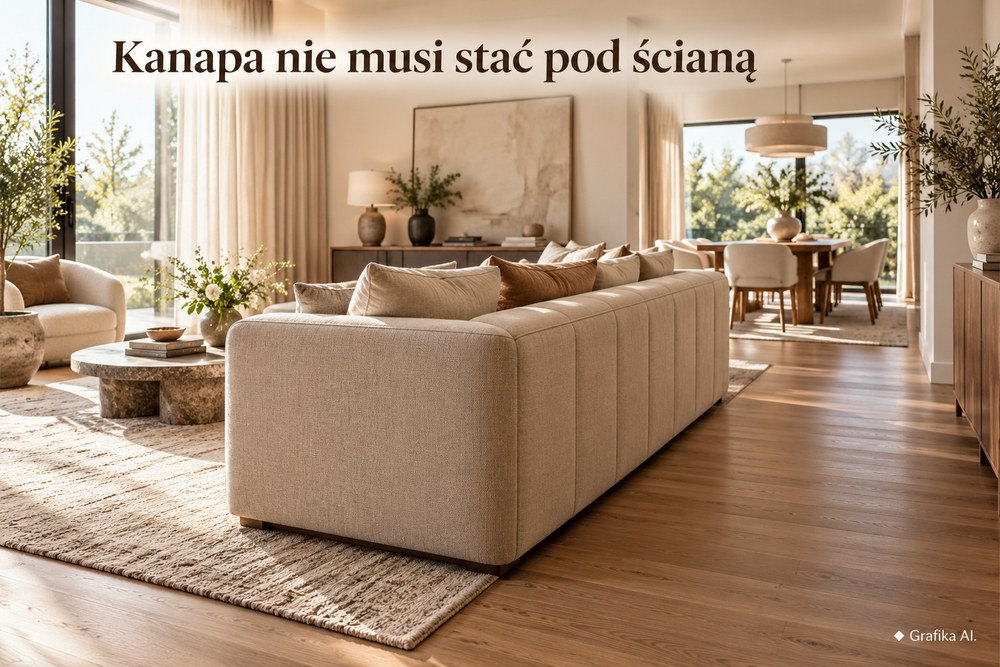 Tapicerowany tył kanapy wolnostojącej i przejście w salonie – ilustracja AI
