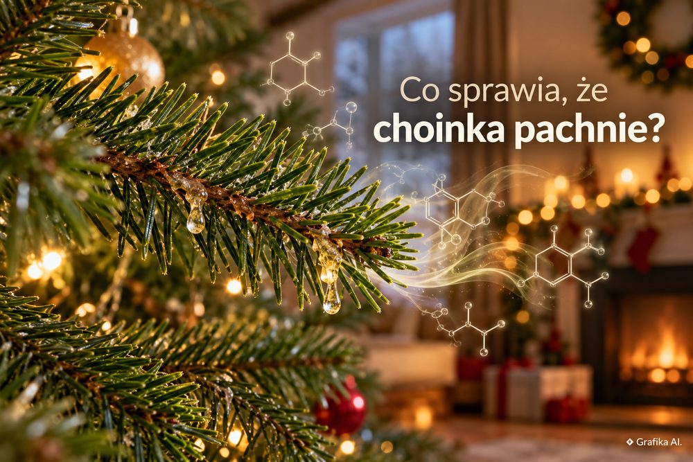 Gałązki choinki i ilustracja związków odpowiedzialnych za jej zapach